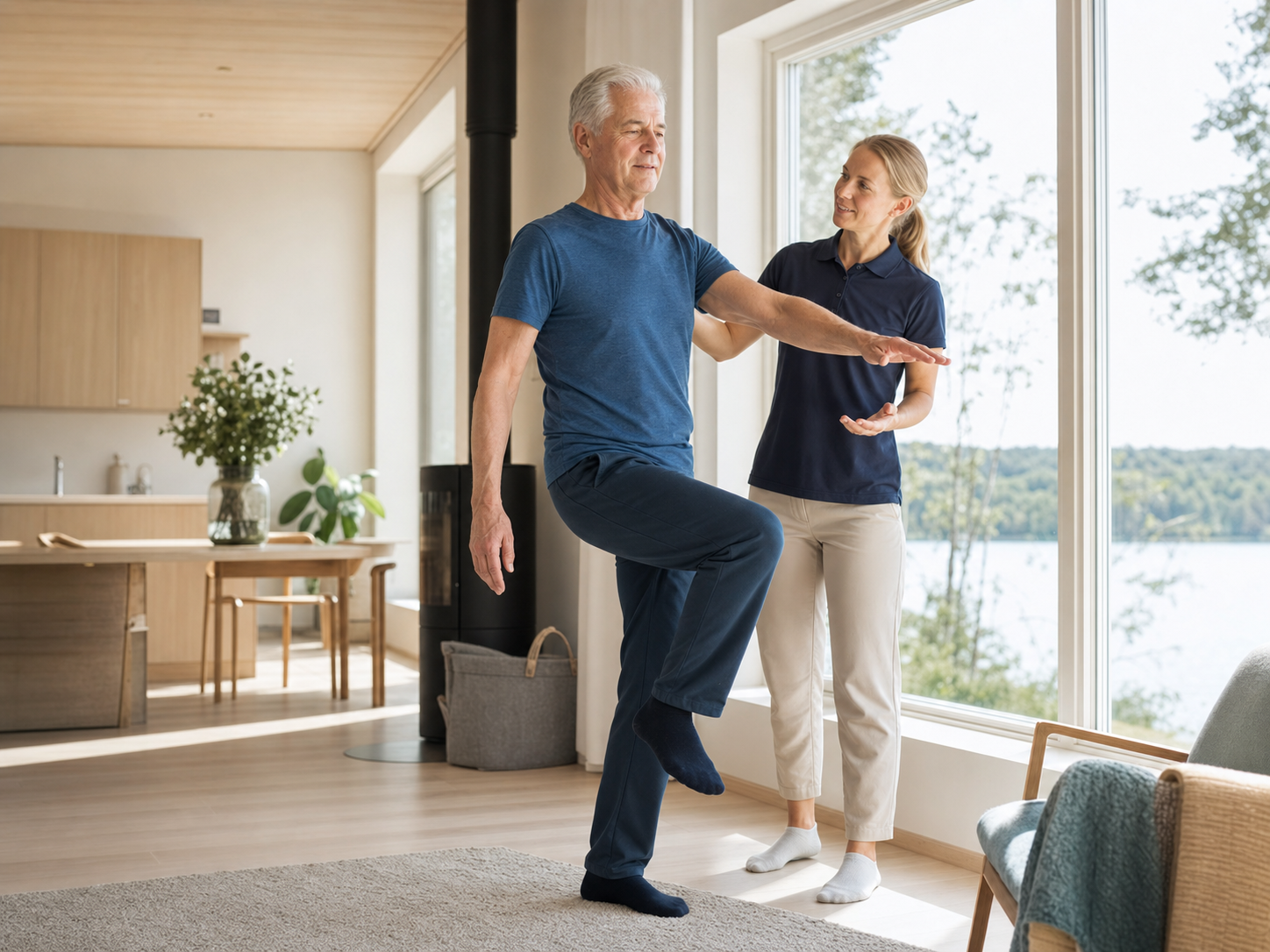 Guided balance and mobility exercise in a bright Nordic home